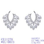 Wholesale CZ drop earrings with fan-shaped crystal and zircon stones, featuring a 925 silver needle and gold plating from JuneJewelry.com, ideal for bridal and fashion jewelry wholesale.