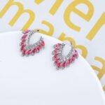 Wholesale CZ drop earrings with fan-shaped crystal and zircon stones, featuring a 925 silver needle and gold plating from JuneJewelry.com, ideal for bridal and fashion jewelry wholesale.