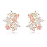 Wholesale Colorful Flower Stud Earrings with a gold plated finish and ruby-colored and clear cubic zirconia stones from JuneJewelry.com – unique fashion jewelry for bulk orders.