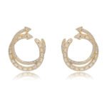 Wholesale gold twisted hoop earrings with baguette and pavé CZ stones from junejewelry.com – unique fashion jewelry for bulk orders.