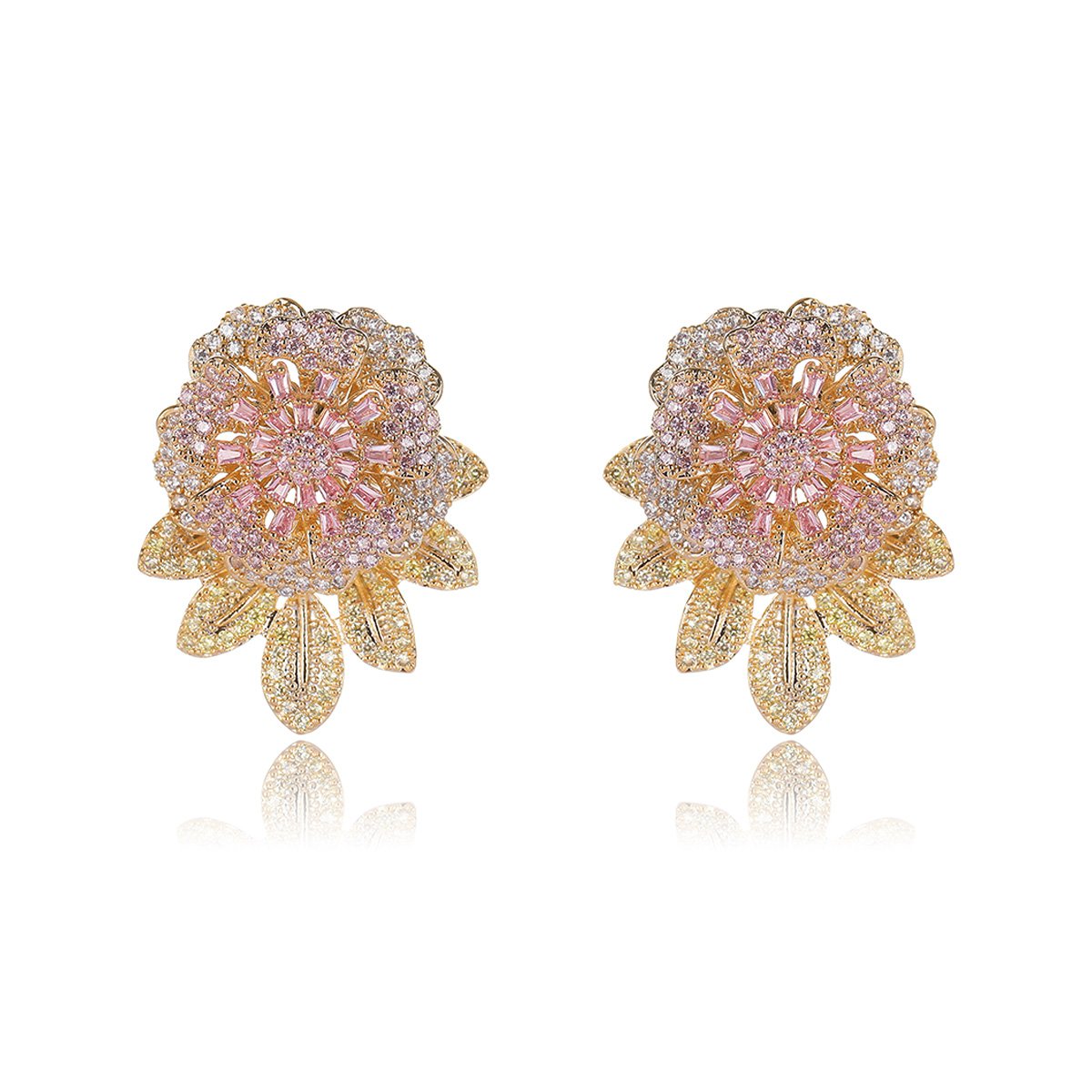 CE11361.250.A Wholesale gold flower stud earrings with pink and white CZ pavé stones and a 925 silver needle from junejewelry.com – unique fashion jewelry for bulk orders.