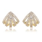 Wholesale gold fan stud earrings with baguette and pavé CZ stones from junejewelry.com – unique fashion jewelry for bulk orders.