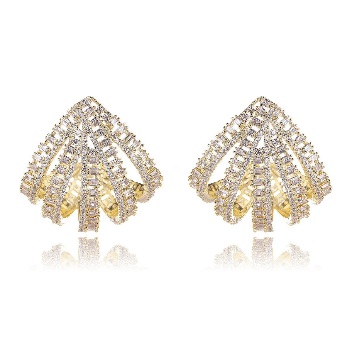 CE11370.244.A Wholesale gold fan stud earrings with baguette and pavé CZ stones from junejewelry.com – unique fashion jewelry for bulk orders.