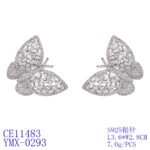 Wholesale butterfly stud earrings with baguette and pavé CZ stones on a platinum-plated brass base and 925 silver needle from junejewelry.com – unique fashion jewelry for bulk orders.