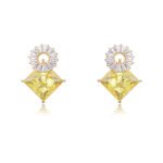 Wholesale geometric drop earrings with a square-cut CZ stone and baguette circle top from junejewelry.com – modern fashion jewelry for bulk orders.