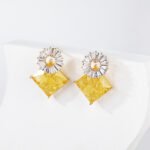 Wholesale geometric drop earrings with a square-cut CZ stone and baguette circle top from junejewelry.com – modern fashion jewelry for bulk orders.