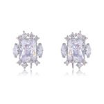 Wholesale zircon stud earrings with a clear rectangular stone and cluster on rhodium plated copper and 925 sterling silver pins from JuneJewelry.com – elegant fashion jewelry for bulk orders.