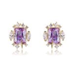 Wholesale zircon stud earrings with a clear rectangular stone and cluster on rhodium plated copper and 925 sterling silver pins from JuneJewelry.com – elegant fashion jewelry for bulk orders.