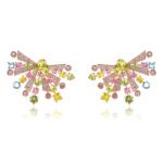 Wholesale colorful gemstone earrings with a sunburst design on gold plated copper and 925 sterling silver pins from JuneJewelry.com – vibrant fashion jewelry for bulk orders.