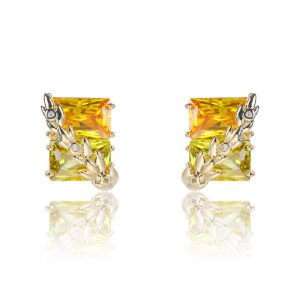 Wholesale gold leaf earrings with two-toned yellow rectangular CZ stones from junejewelry.com – unique fashion jewelry for bulk orders.