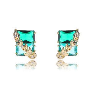 Wholesale gold leaf earrings with two-toned yellow rectangular CZ stones from junejewelry.com – unique fashion jewelry for bulk orders.