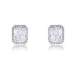 Wholesale square halo stud earrings with a double halo of CZ stones, a platinum-plated brass base, and 925 silver needle from junejewelry.com.