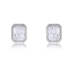 Wholesale square halo stud earrings with a double halo of CZ stones, a platinum-plated brass base, and 925 silver needle from junejewelry.com.