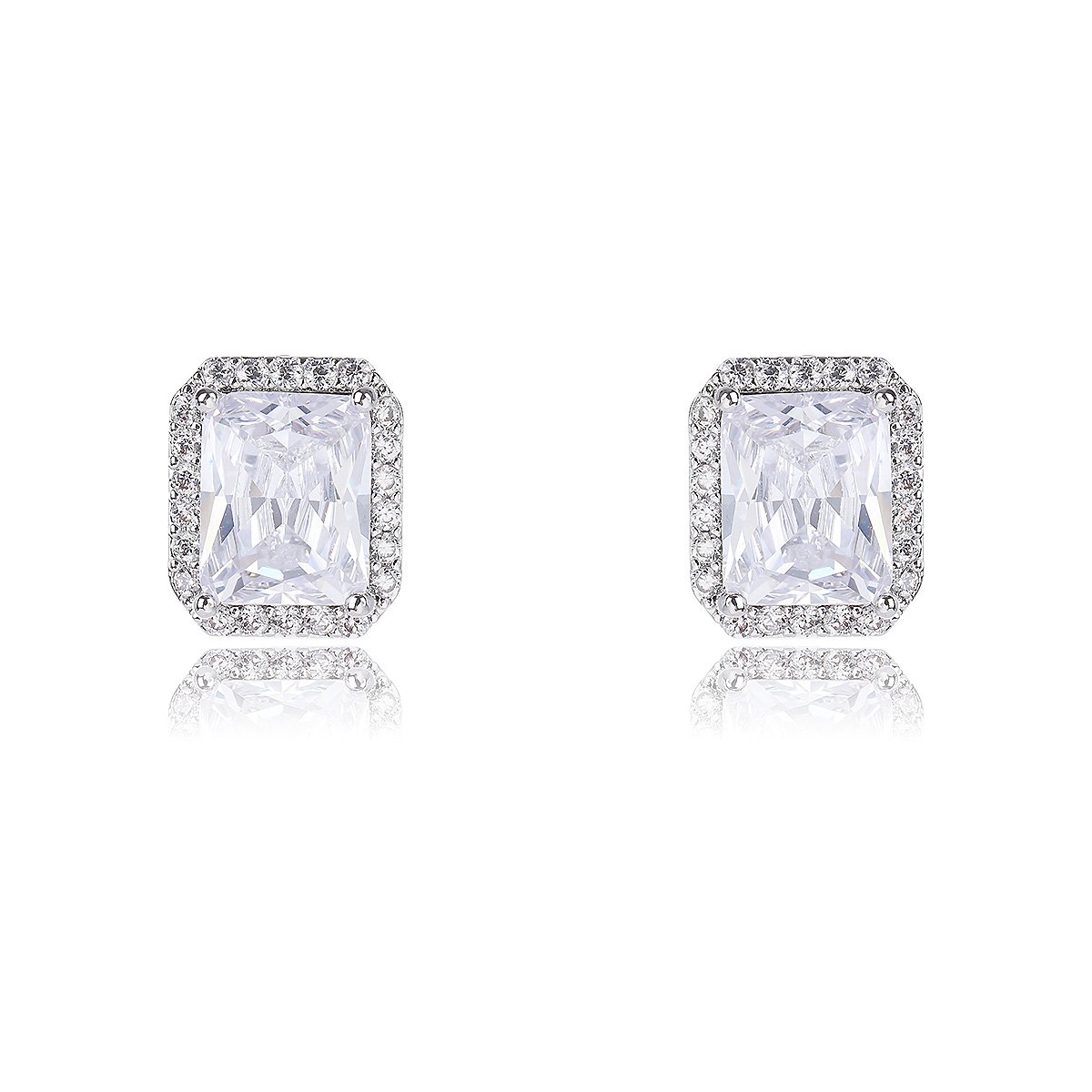 CE11826.54.A Wholesale square halo stud earrings with a double halo of CZ stones, a platinum-plated brass base, and 925 silver needle from junejewelry.com.