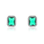 Wholesale square halo stud earrings with a double halo of CZ stones, a platinum-plated brass base, and 925 silver needle from junejewelry.com.