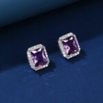 Wholesale square halo stud earrings with a double halo of CZ stones, a platinum-plated brass base, and 925 silver needle from junejewelry.com.