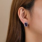 Wholesale square halo stud earrings with a double halo of CZ stones, a platinum-plated brass base, and 925 silver needle from junejewelry.com.