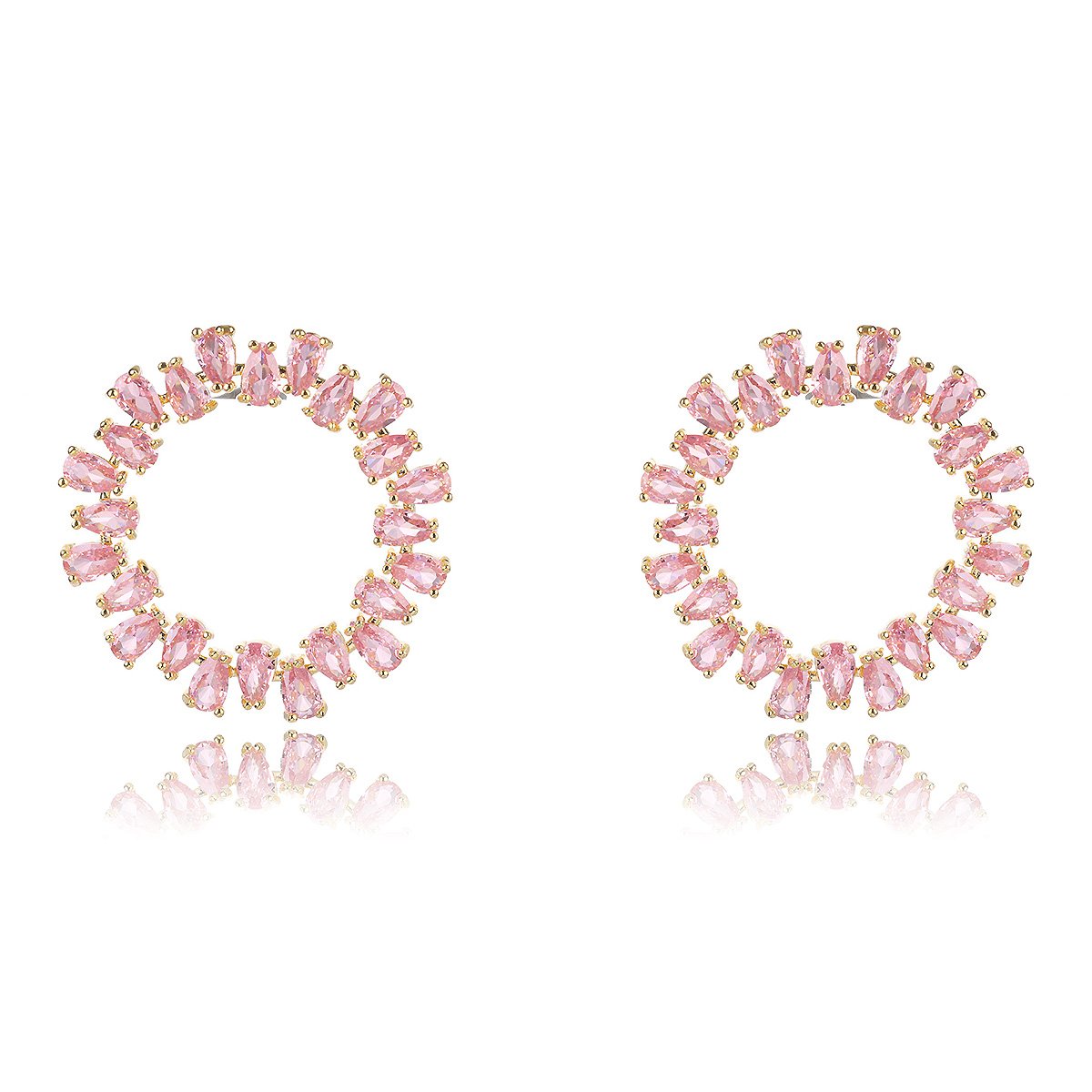 CE11850.128.A Wholesale pink zircon earrings with a circular design, platinum-plated copper, and 925 silver needles from JuneJewelry.com.