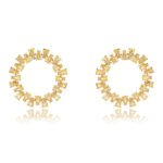 Wholesale pink zircon earrings with a circular design, platinum-plated copper, and 925 silver needles from JuneJewelry.com.