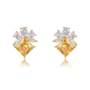 Wholesale gemstone stud earrings with a zircon flower cluster on gold plated copper and 925 sterling silver pins from JuneJewelry.com – elegant fashion jewelry for bulk orders.