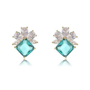 Wholesale gemstone stud earrings with a zircon flower cluster on gold plated copper and 925 sterling silver pins from JuneJewelry.com – elegant fashion jewelry for bulk orders.