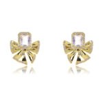 Wholesale bow zircon earrings with a clear rectangular stone, platinum-plated copper, and 925 silver needles from JuneJewelry.com.