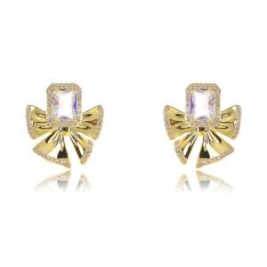 Wholesale bow zircon earrings with a clear rectangular stone, platinum-plated copper, and 925 silver needles from JuneJewelry.com.