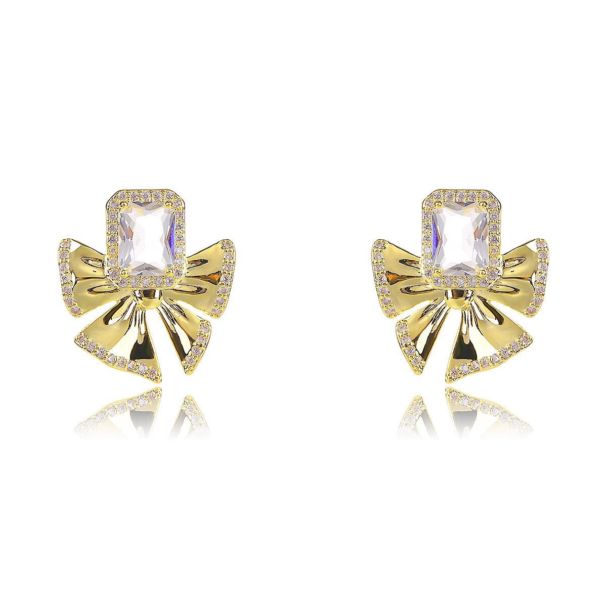 CE11860.60.A Wholesale bow zircon earrings with a clear rectangular stone, platinum-plated copper, and 925 silver needles from JuneJewelry.com.