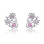 Wholesale pink flower earrings with a zircon flower cluster on rhodium plated copper and 925 sterling silver pins from JuneJewelry.com – elegant floral jewelry for bulk orders.