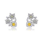 Wholesale pink flower earrings with a zircon flower cluster on rhodium plated copper and 925 sterling silver pins from JuneJewelry.com – elegant floral jewelry for bulk orders.