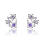 Wholesale pink flower earrings with a zircon flower cluster on rhodium plated copper and 925 sterling silver pins from JuneJewelry.com – elegant floral jewelry for bulk orders.