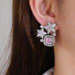 Wholesale pink flower earrings with a zircon flower cluster on rhodium plated copper and 925 sterling silver pins from JuneJewelry.com – elegant floral jewelry for bulk orders.