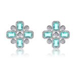 Wholesale blue zircon cross earrings with rectangular and round cubic zirconia stones, platinum plated on a copper base with a 925 silver needle, from JuneJewelry.com.