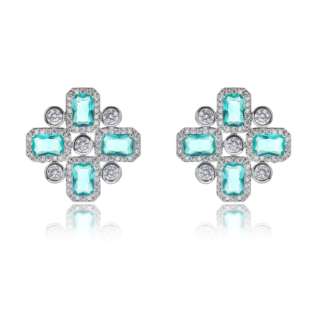CE11958.104.B Wholesale blue zircon cross earrings with rectangular and round cubic zirconia stones, platinum plated on a copper base with a 925 silver needle, from JuneJewelry.com.
