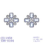 Wholesale blue zircon cross earrings with rectangular and round cubic zirconia stones, platinum plated on a copper base with a 925 silver needle, from JuneJewelry.com.