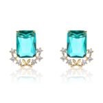 Wholesale blue zircon flower earrings with a rectangular blue stone and a floral design with white cubic zirconia, platinum plated with a 925 silver needle, from JuneJewelry.com.