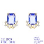 Wholesale blue zircon flower earrings with a rectangular blue stone and a floral design with white cubic zirconia, platinum plated with a 925 silver needle, from JuneJewelry.com.