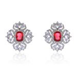 Wholesale ruby red gemstone earrings with a clear zircon cluster on rhodium plated copper and 925 sterling silver pins from JuneJewelry.com – elegant fashion jewelry for bulk orders.