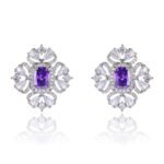 Wholesale ruby red gemstone earrings with a clear zircon cluster on rhodium plated copper and 925 sterling silver pins from JuneJewelry.com – elegant fashion jewelry for bulk orders.