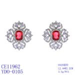 Wholesale ruby red gemstone earrings with a clear zircon cluster on rhodium plated copper and 925 sterling silver pins from JuneJewelry.com – elegant fashion jewelry for bulk orders.