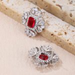 Wholesale ruby red gemstone earrings with a clear zircon cluster on rhodium plated copper and 925 sterling silver pins from JuneJewelry.com – elegant fashion jewelry for bulk orders.