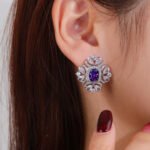 Wholesale ruby red gemstone earrings with a clear zircon cluster on rhodium plated copper and 925 sterling silver pins from JuneJewelry.com – elegant fashion jewelry for bulk orders.