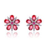 Wholesale ruby red flower earrings with zircon petals on rhodium plated copper and 925 sterling silver pins from JuneJewelry.com – elegant floral jewelry for bulk orders.
