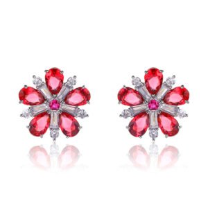 Wholesale ruby red flower earrings with zircon petals on rhodium plated copper and 925 sterling silver pins from JuneJewelry.com – elegant floral jewelry for bulk orders.