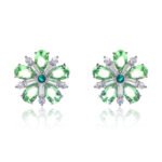 Wholesale ruby red flower earrings with zircon petals on rhodium plated copper and 925 sterling silver pins from JuneJewelry.com – elegant floral jewelry for bulk orders.