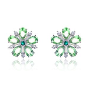 Wholesale ruby red flower earrings with zircon petals on rhodium plated copper and 925 sterling silver pins from JuneJewelry.com – elegant floral jewelry for bulk orders.