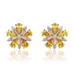 Wholesale ruby red flower earrings with zircon petals on rhodium plated copper and 925 sterling silver pins from JuneJewelry.com – elegant floral jewelry for bulk orders.