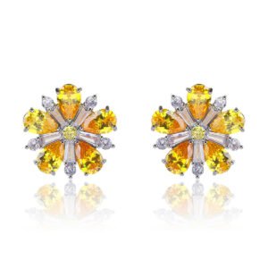 Wholesale ruby red flower earrings with zircon petals on rhodium plated copper and 925 sterling silver pins from JuneJewelry.com – elegant floral jewelry for bulk orders.