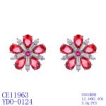 Wholesale ruby red flower earrings with zircon petals on rhodium plated copper and 925 sterling silver pins from JuneJewelry.com – elegant floral jewelry for bulk orders.
