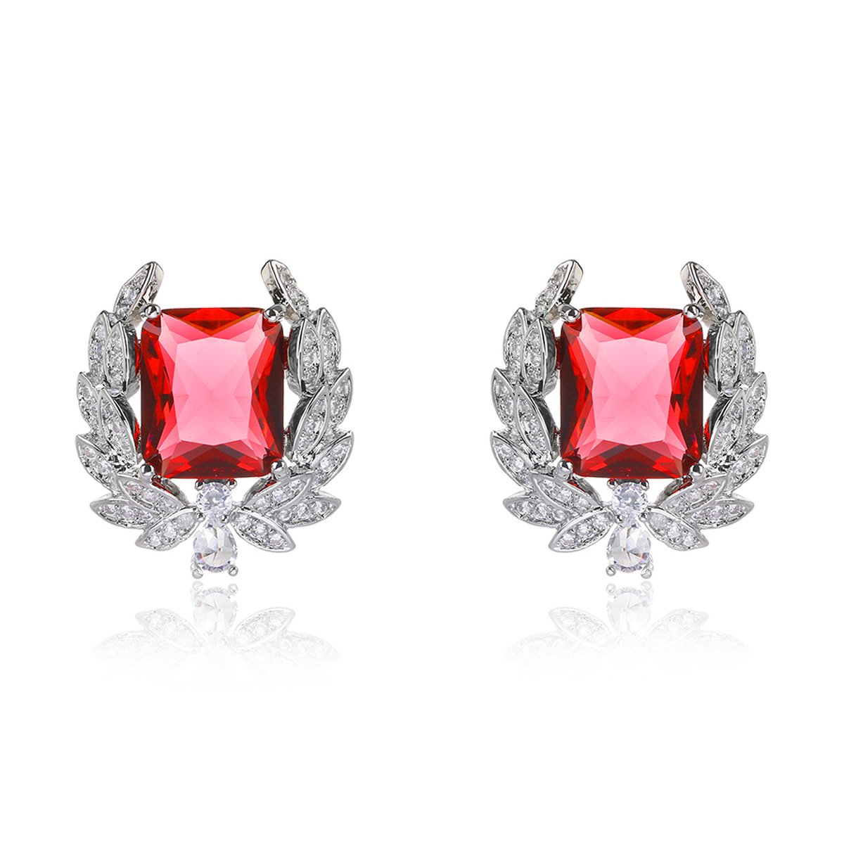CE11968.93.A Wholesale zircon leaf earrings with a central red stone and a leaf motif with white cubic zirconia, platinum plated on a copper base with a 925 silver needle, from JuneJewelry.com.